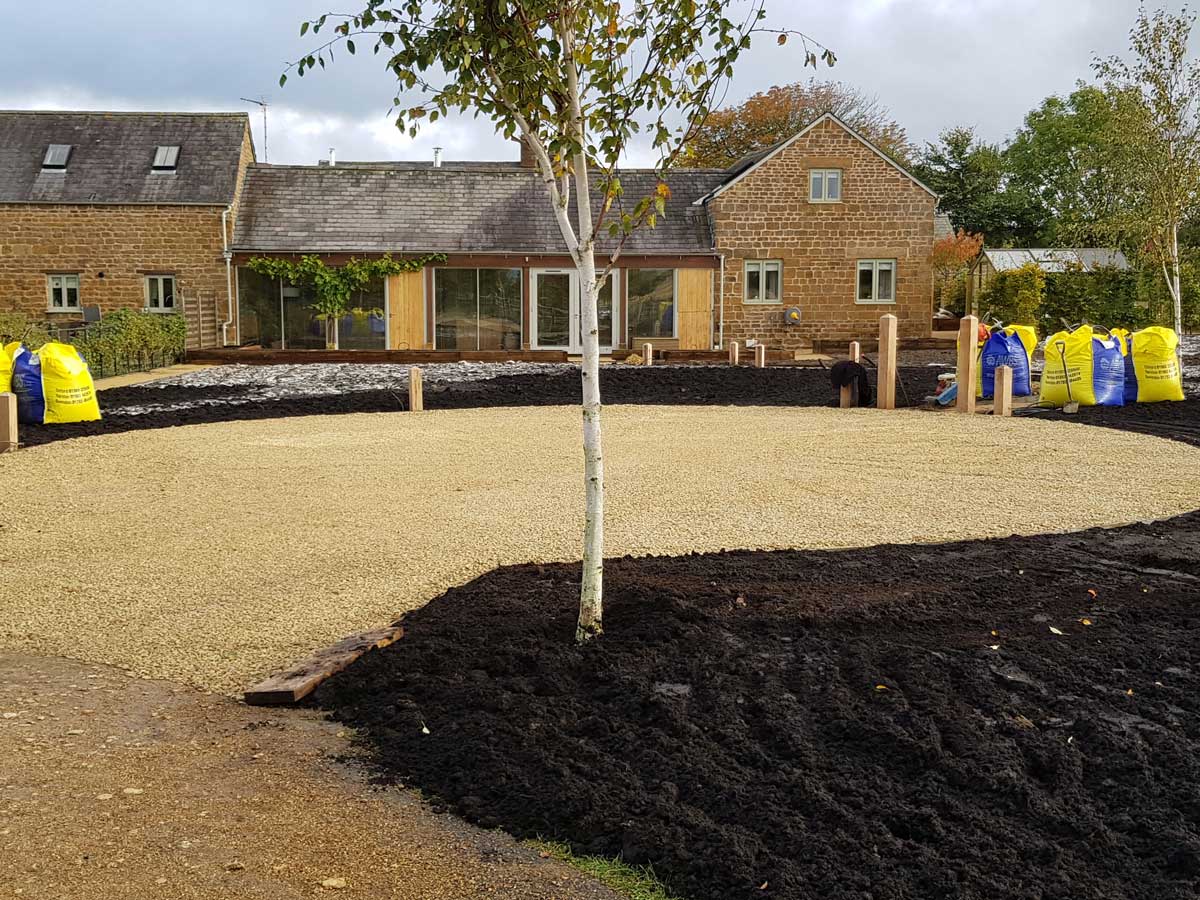 large patio and raised beds